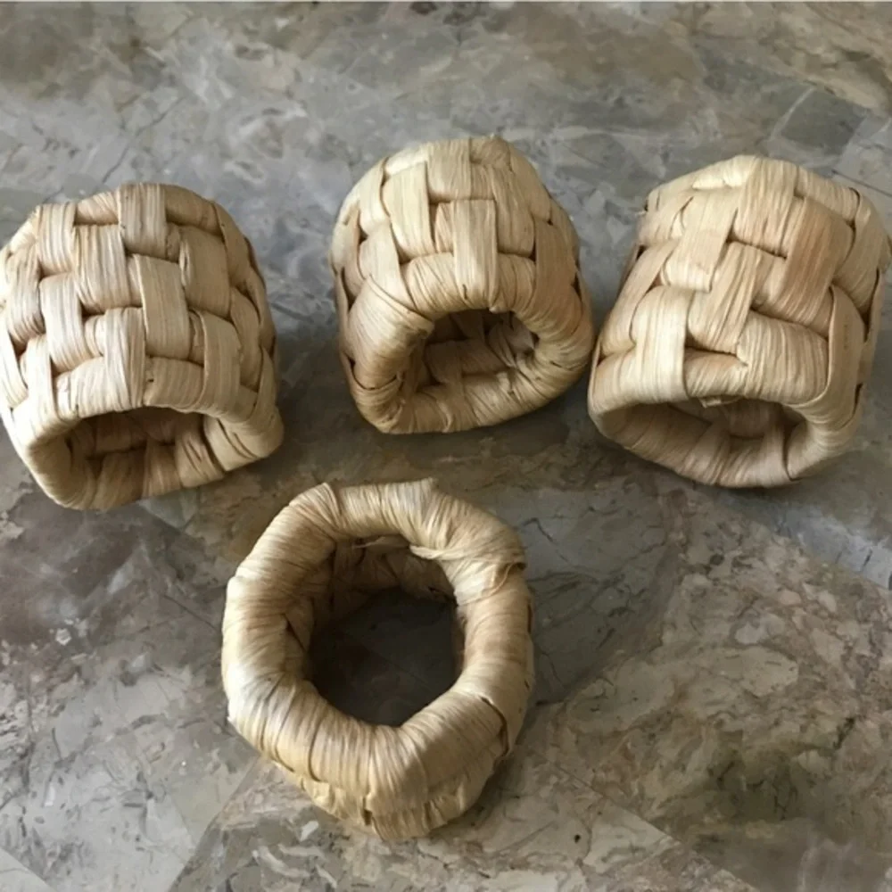 Set of 4 Natural Woven Rattan Raffia Napkin Rings * Bonus 4 Ivory‎ Napkins